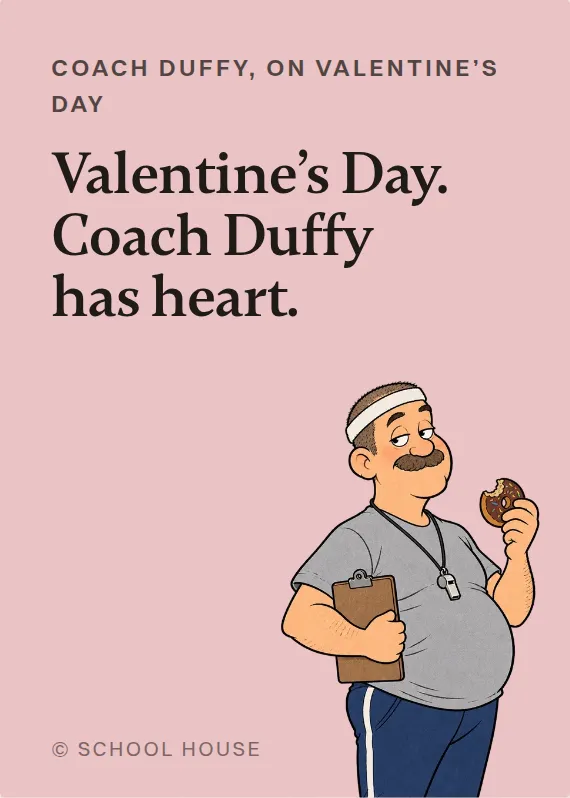 Coach Duffy valentine’s day card: Valentine’s Day. Coach Duffy has heart.