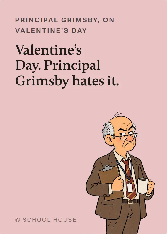 Principal Grimsby valentine’s day card: Valentine’s Day. Principal Grimsby hates it.