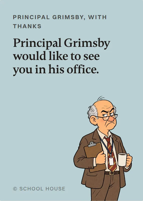 Principal Grimsby thank you card: Principal Grimsby would like to see you in his office.