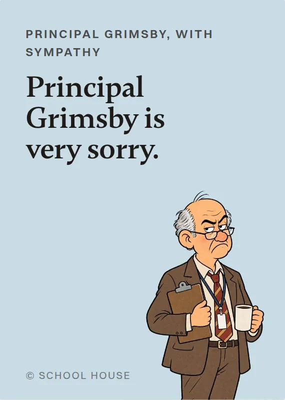 Principal Grimsby sympathy card: Principal Grimsby is very sorry.