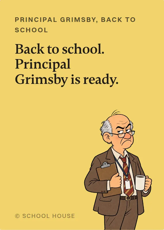 Principal Grimsby back to school card: Back to school. Principal Grimsby is ready.