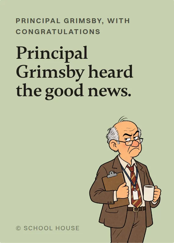 Principal Grimsby congratulations card: Principal Grimsby heard the good news.