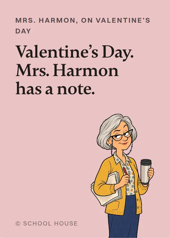 Mrs. Harmon valentine’s day card: Valentine’s Day. Mrs. Harmon has a note.