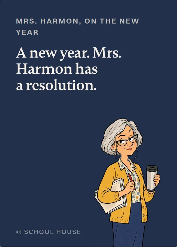 Mrs. Harmon new year’s day card: A new year. Mrs. Harmon has a resolution.