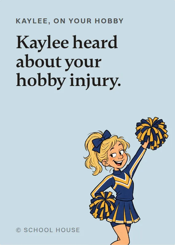 Kaylee hurt doing a hobby card: Kaylee heard about your hobby injury.