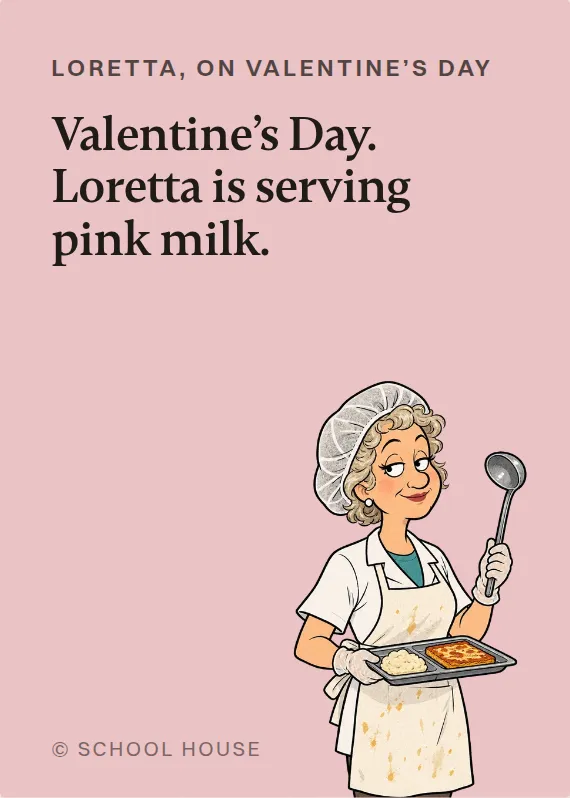 Loretta valentine’s day card: Valentine’s Day. Loretta is serving pink milk.