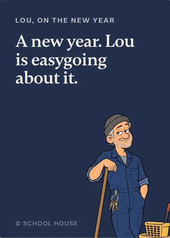 Lou new year’s day card: A new year. Lou is easygoing about it.