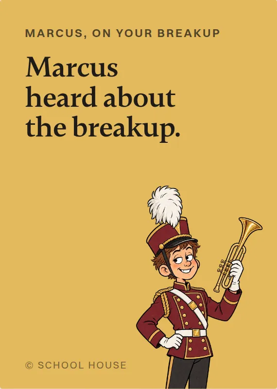 Marcus breakups & divorce card: Marcus heard about the breakup.